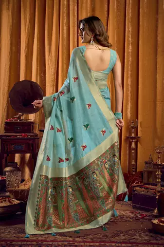 blue khadi cotton saree with elegant jhallar border & katha work | mina design | rich brocade blouse