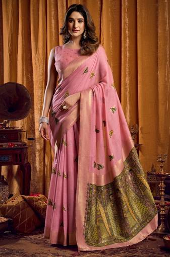 pink khadi cotton saree with elegant jhallar border & katha work | mina design | rich brocade blouse