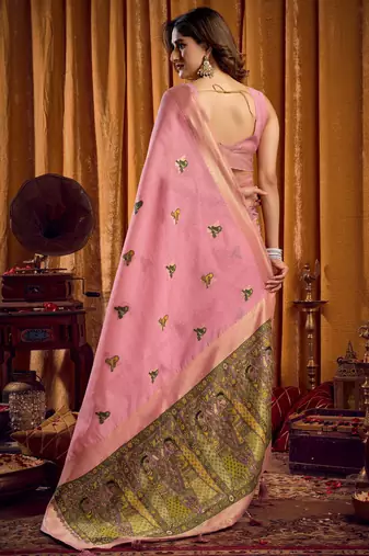 pink khadi cotton saree with elegant jhallar border & katha work | mina design | rich brocade blouse