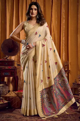 chiku khadi cotton saree with elegant jhallar border & katha work | mina design | rich brocade blouse