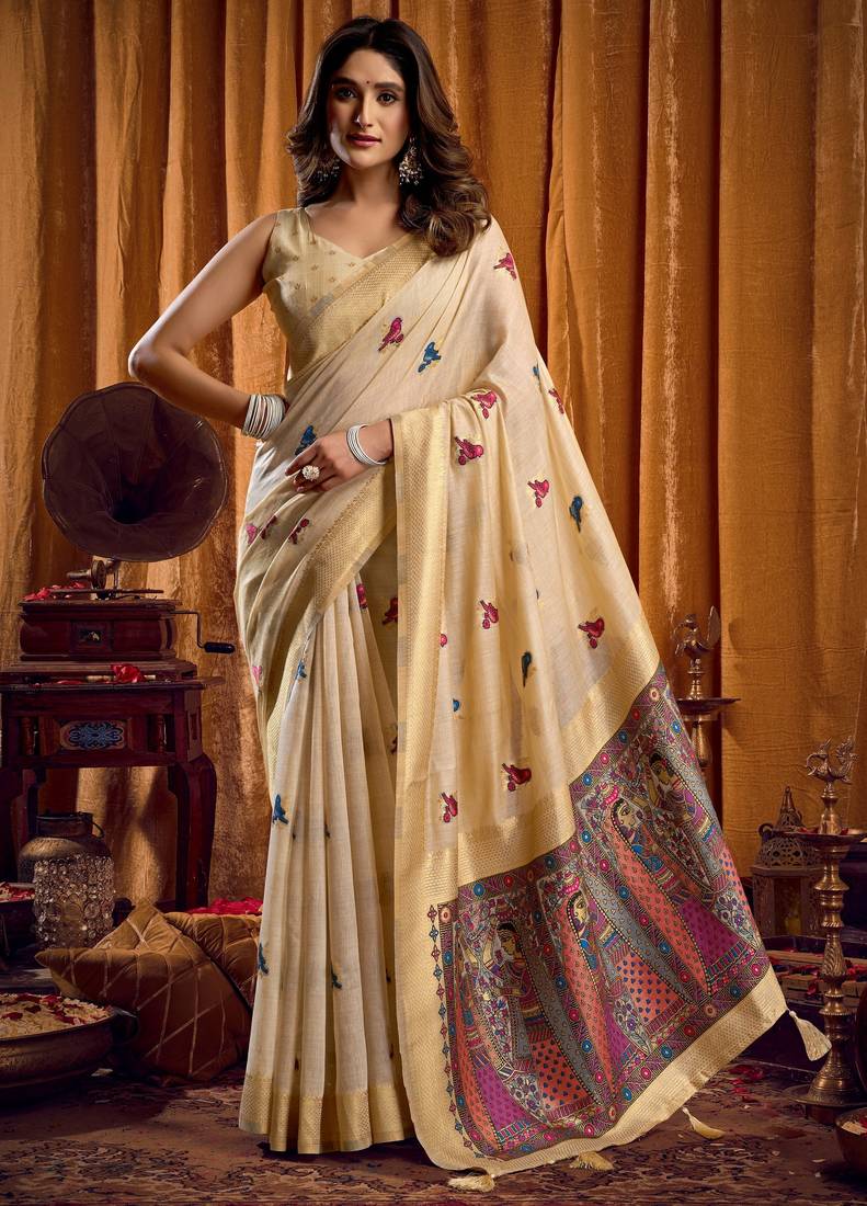 chiku khadi cotton saree with elegant jhallar border & katha work | mina design | rich brocade blouse
