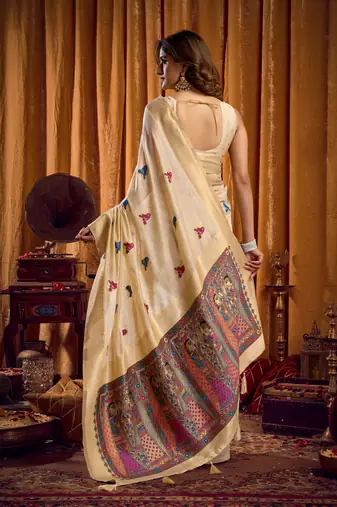 chiku khadi cotton saree with elegant jhallar border & katha work | mina design | rich brocade blouse