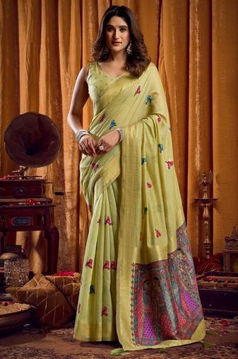 green khadi cotton saree with elegant jhallar border & katha work | mina design | rich brocade blouse