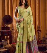green khadi cotton saree with elegant jhallar border & katha work | mina design | rich brocade blouse