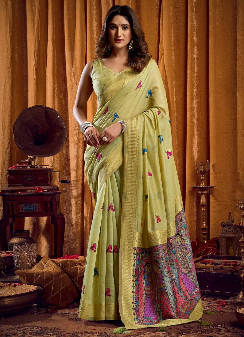 green khadi cotton saree with elegant jhallar border & katha work | mina design | rich brocade blouse