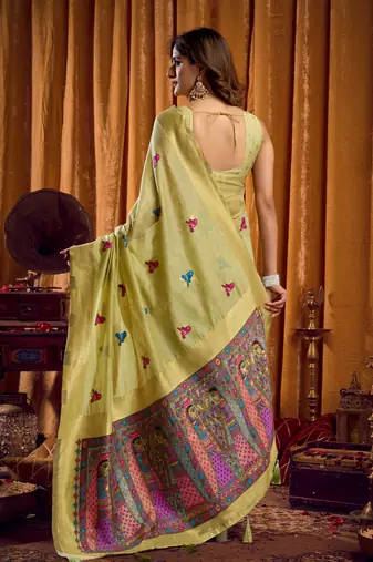 green khadi cotton saree with elegant jhallar border & katha work | mina design | rich brocade blouse