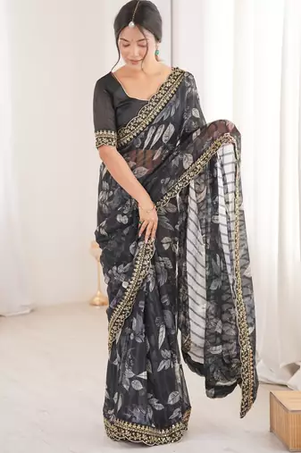 black heavy marble bright patta saree with flower print & embroidery work | cut work lace border