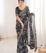 black heavy marble bright patta saree with flower print & embroidery work | cut work lace border