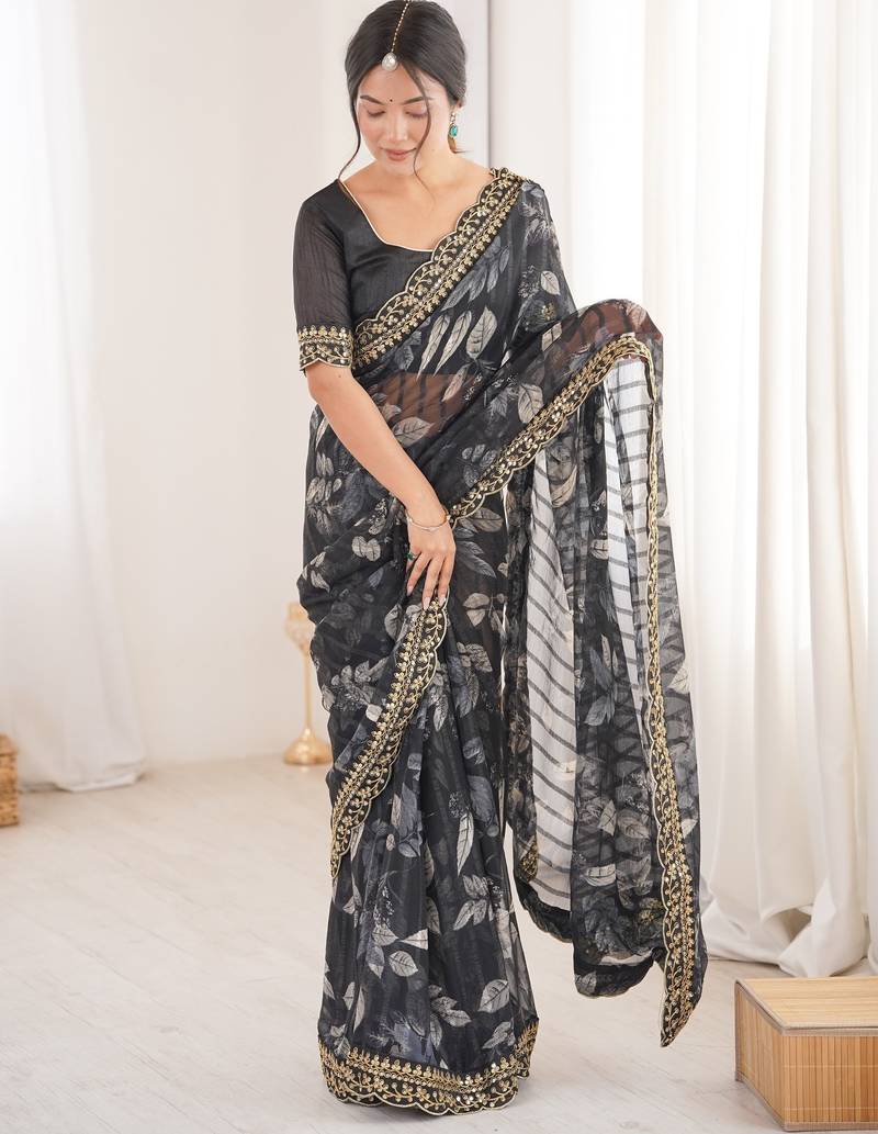 black heavy marble bright patta saree with flower print & embroidery work | cut work lace border
