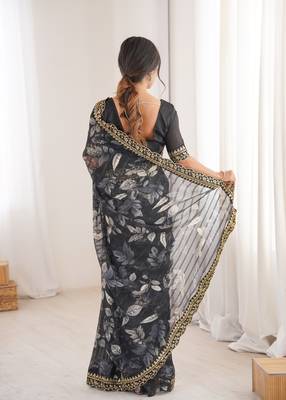 black marble bright patta saree with flower print & embroidery work | cut work lace border 2