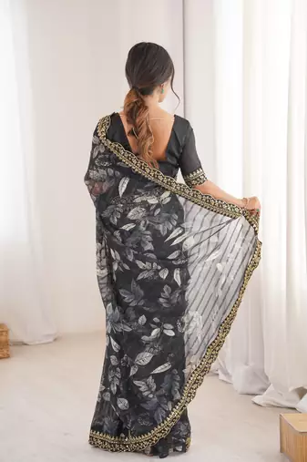 black marble bright patta saree with flower print & embroidery work | cut work lace border