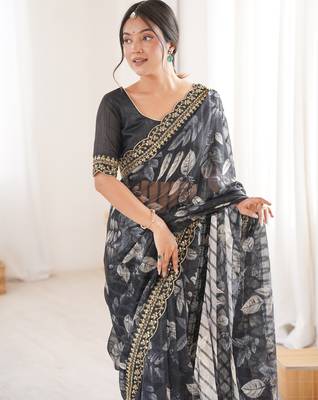 black marble bright patta saree with flower print & embroidery work | cut work lace border 3