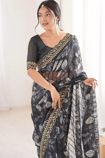 black marble bright patta saree with flower print & embroidery work | cut work lace border
