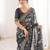 black heavy marble bright patta saree with flower print & embroidery work | cut work lace border