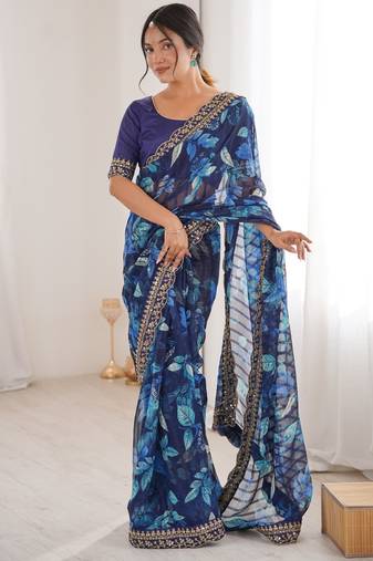 blue heavy marble bright patta saree with flower print & embroidery work | cut work lace border
