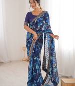 blue heavy marble bright patta saree with flower print & embroidery work | cut work lace border