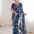 blue heavy marble bright patta saree with flower print & embroidery work | cut work lace border