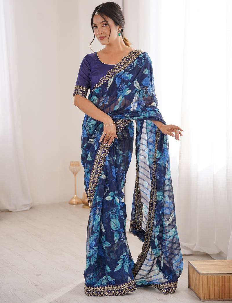 blue heavy marble bright patta saree with flower print & embroidery work | cut work lace border