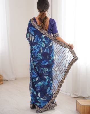 blue marble bright patta saree with flower print & embroidery work | cut work lace border 2