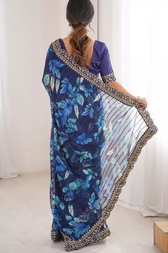 blue marble bright patta saree with flower print & embroidery work | cut work lace border