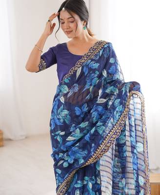 blue marble bright patta saree with flower print & embroidery work | cut work lace border 3