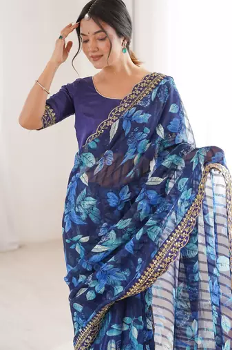 blue marble bright patta saree with flower print & embroidery work | cut work lace border