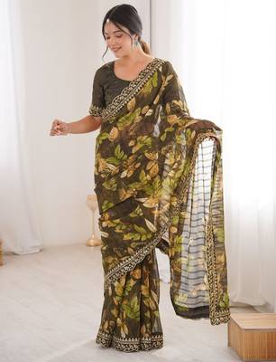 mehendi marble bright patta saree with flower print & embroidery work | cut work lace border 1