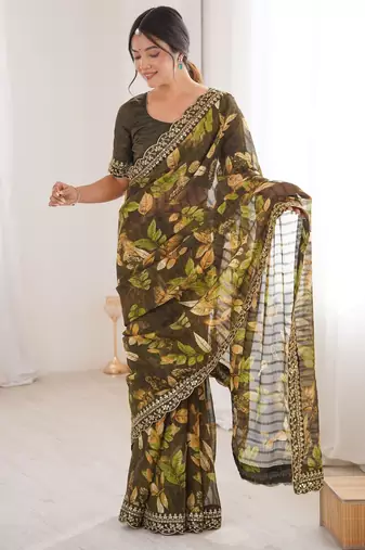 mehendi heavy marble bright patta saree with flower print & embroidery work | cut work lace border