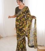 mehendi heavy marble bright patta saree with flower print & embroidery work | cut work lace border