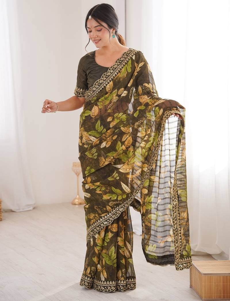 mehendi heavy marble bright patta saree with flower print & embroidery work | cut work lace border