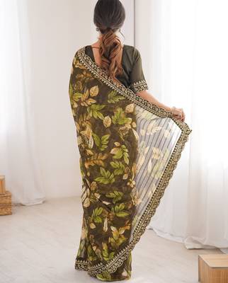 mehendi marble bright patta saree with flower print & embroidery work | cut work lace border 2