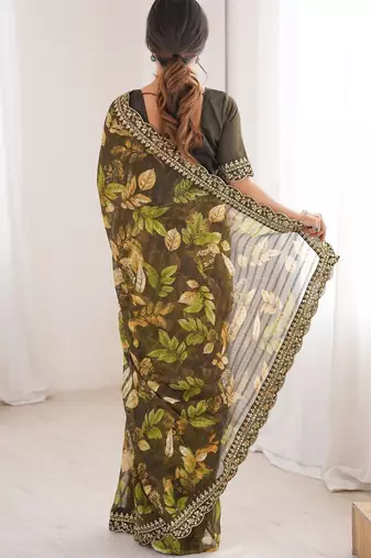mehendi marble bright patta saree with flower print & embroidery work | cut work lace border