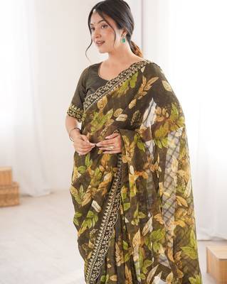 mehendi marble bright patta saree with flower print & embroidery work | cut work lace border 3