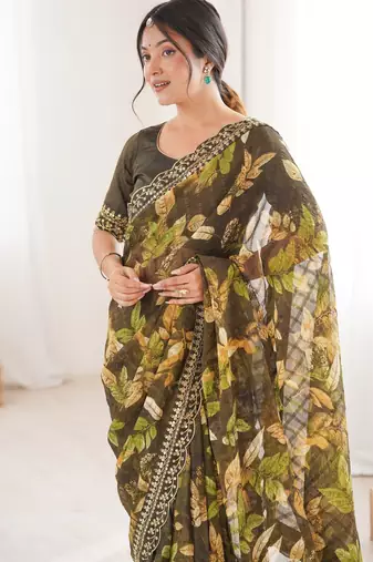 mehendi marble bright patta saree with flower print & embroidery work | cut work lace border