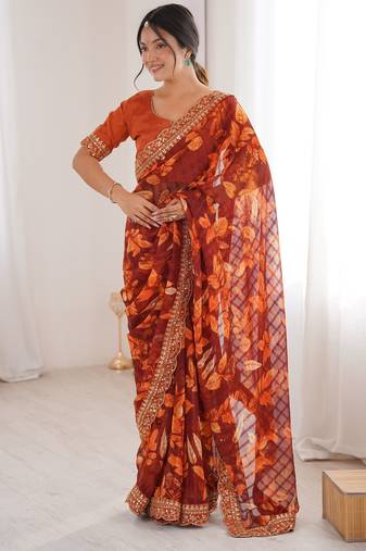 orange heavy marble bright patta saree with flower print & embroidery work | cut work lace border