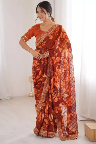 orange heavy marble bright patta saree with flower print & embroidery work | cut work lace border