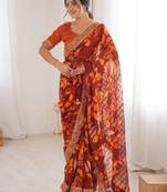 orange heavy marble bright patta saree with flower print & embroidery work | cut work lace border