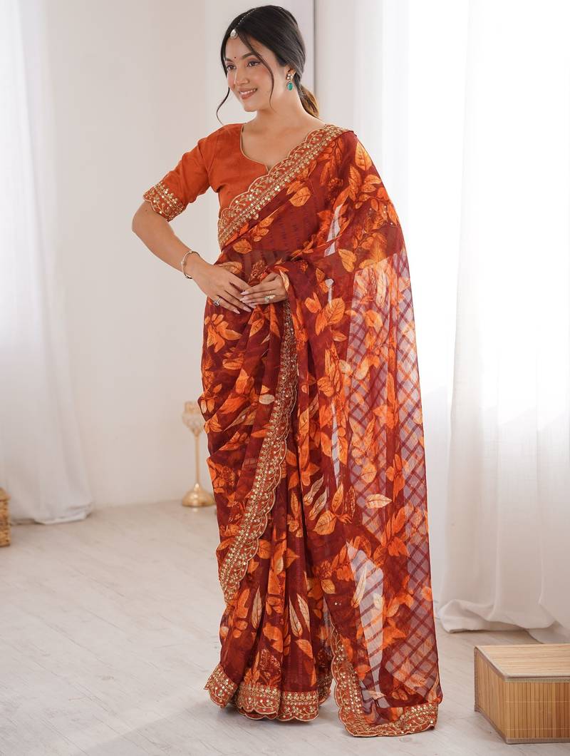 orange heavy marble bright patta saree with flower print & embroidery work | cut work lace border