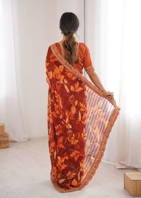 orange marble bright patta saree with flower print & embroidery work | cut work lace border 2