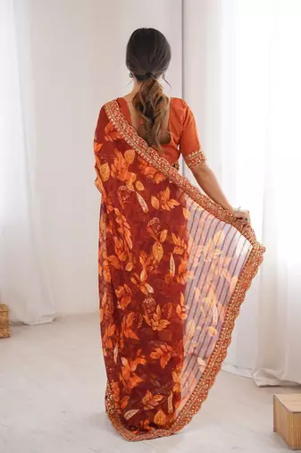orange marble bright patta saree with flower print & embroidery work | cut work lace border