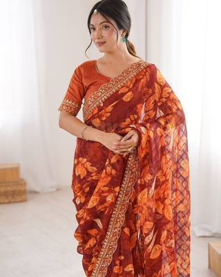 orange marble bright patta saree with flower print & embroidery work | cut work lace border 3