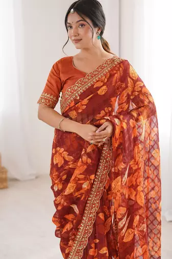 orange marble bright patta saree with flower print & embroidery work | cut work lace border
