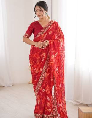 red marble bright patta saree with flower print & embroidery work | cut work lace border 1