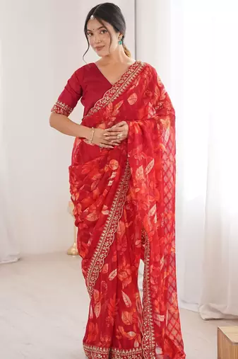 red heavy marble bright patta saree with flower print & embroidery work | cut work lace border