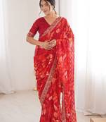 red heavy marble bright patta saree with flower print & embroidery work | cut work lace border