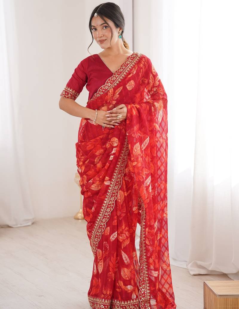 red heavy marble bright patta saree with flower print & embroidery work | cut work lace border