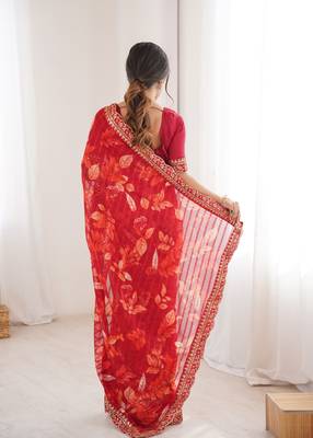red marble bright patta saree with flower print & embroidery work | cut work lace border 2