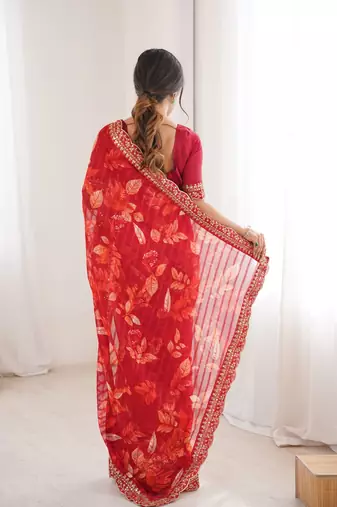 red marble bright patta saree with flower print & embroidery work | cut work lace border