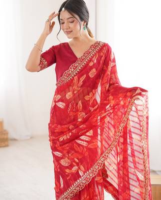 red marble bright patta saree with flower print & embroidery work | cut work lace border 3