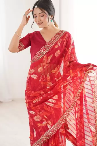 red marble bright patta saree with flower print & embroidery work | cut work lace border